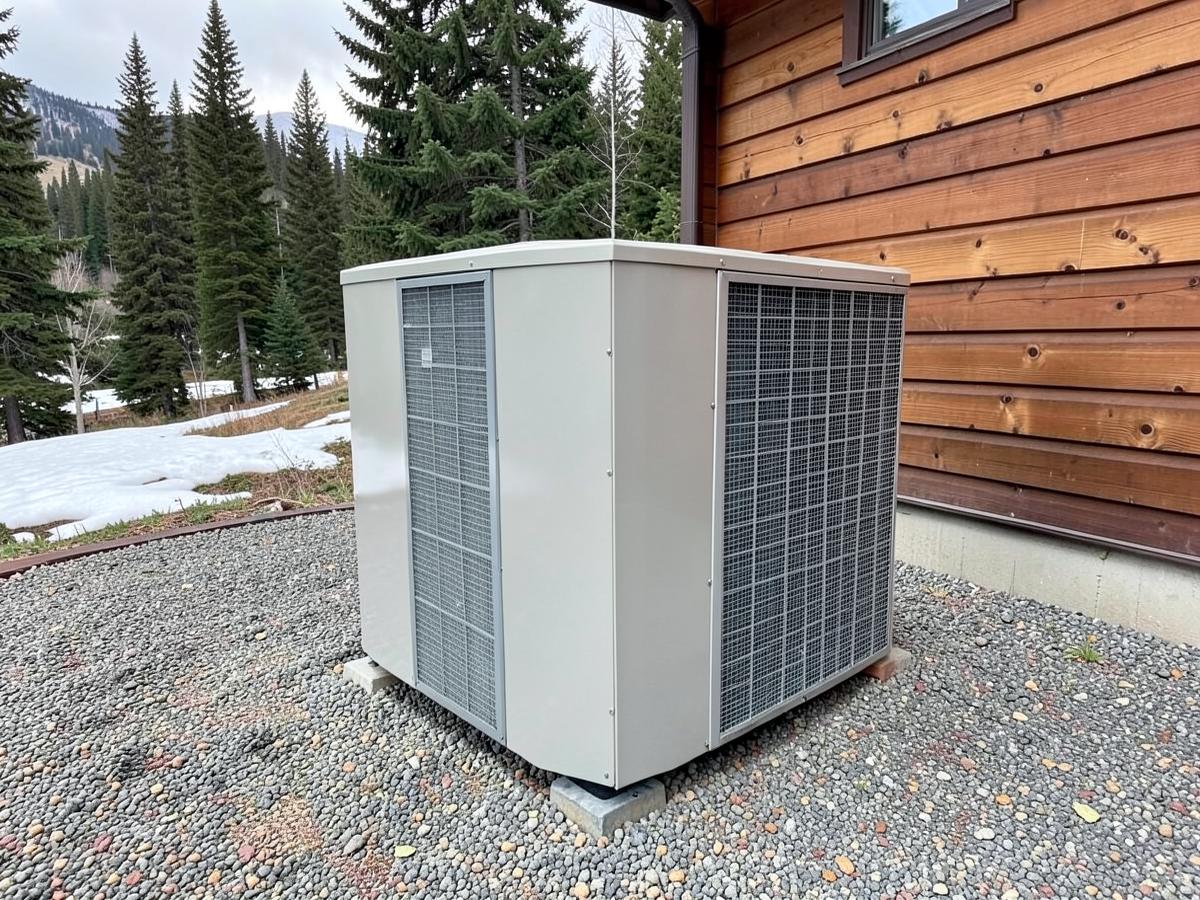 Outdoor air conditioning condenser on a gravel pad beside a cedar sided mountain home with snow patches and evergreens