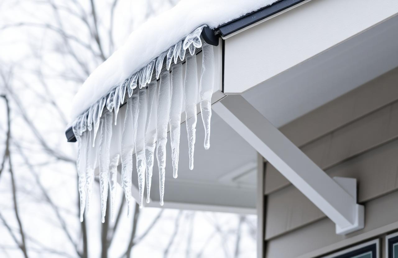 Long icicles hanging from a snow-covered gutter along the eave of an older house roof