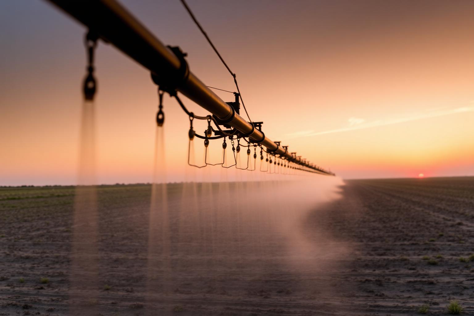 Cotton field irrigation equipment on the South Plains outside Lubbock under a wide open sky