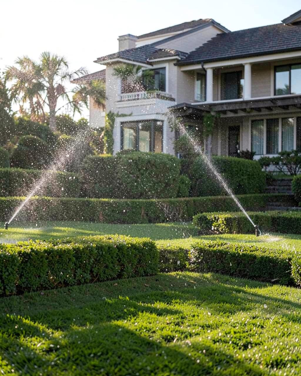 Irrigation sprinklers spraying a manicured lawn and clipped hedges at an upscale coastal home