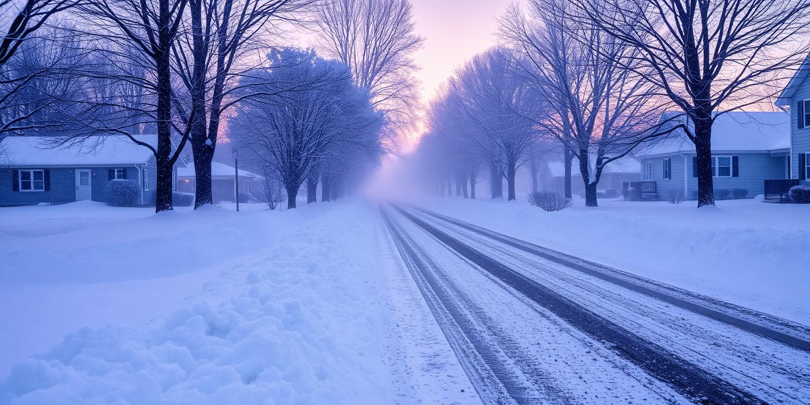 Heavy lake-effect snow band rolling in off Lake Erie over a residential street