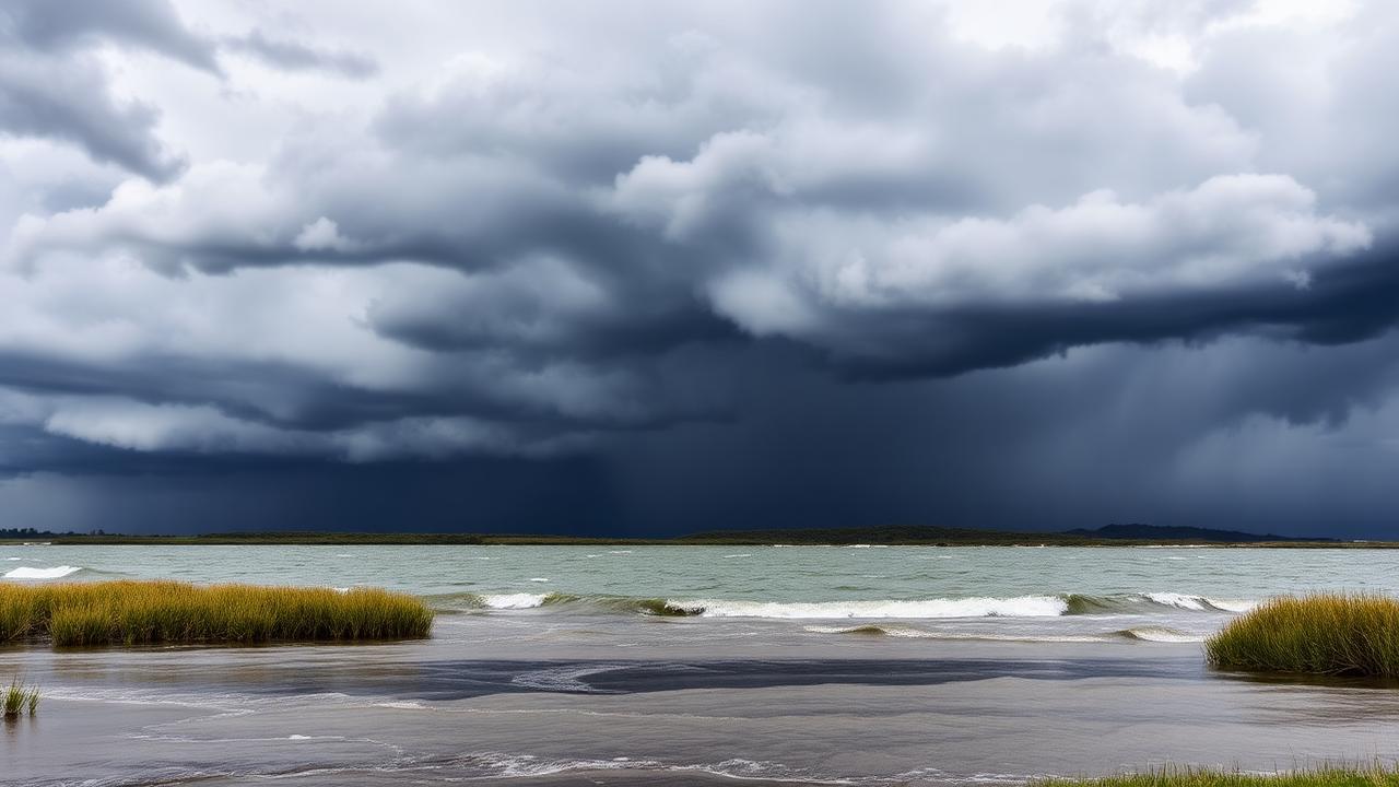 Dark storm clouds and wind-driven waves over a shallow flat lake shoreline with marsh grass