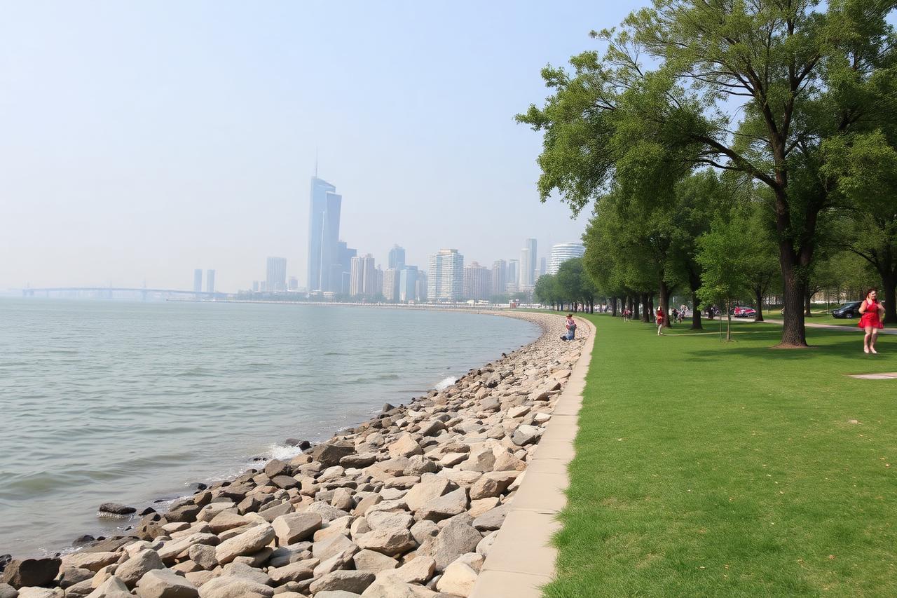 Great lake shoreline park with breakwater rocks and calm water on a hazy summer day