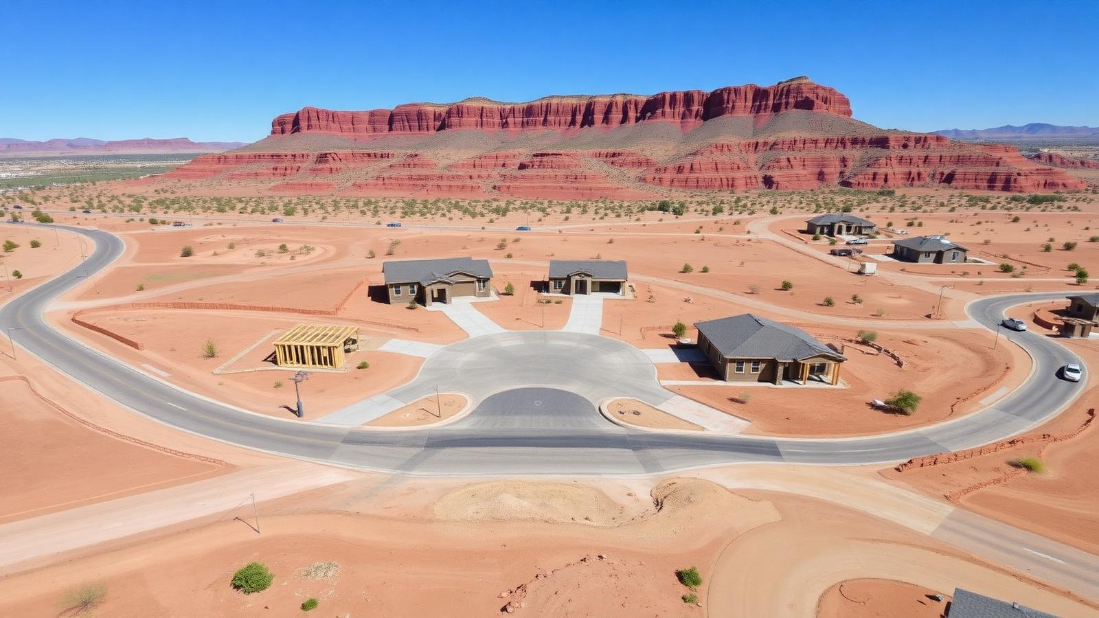 New-construction homes under red rock cliffs in Little Valley near St. George, Utah