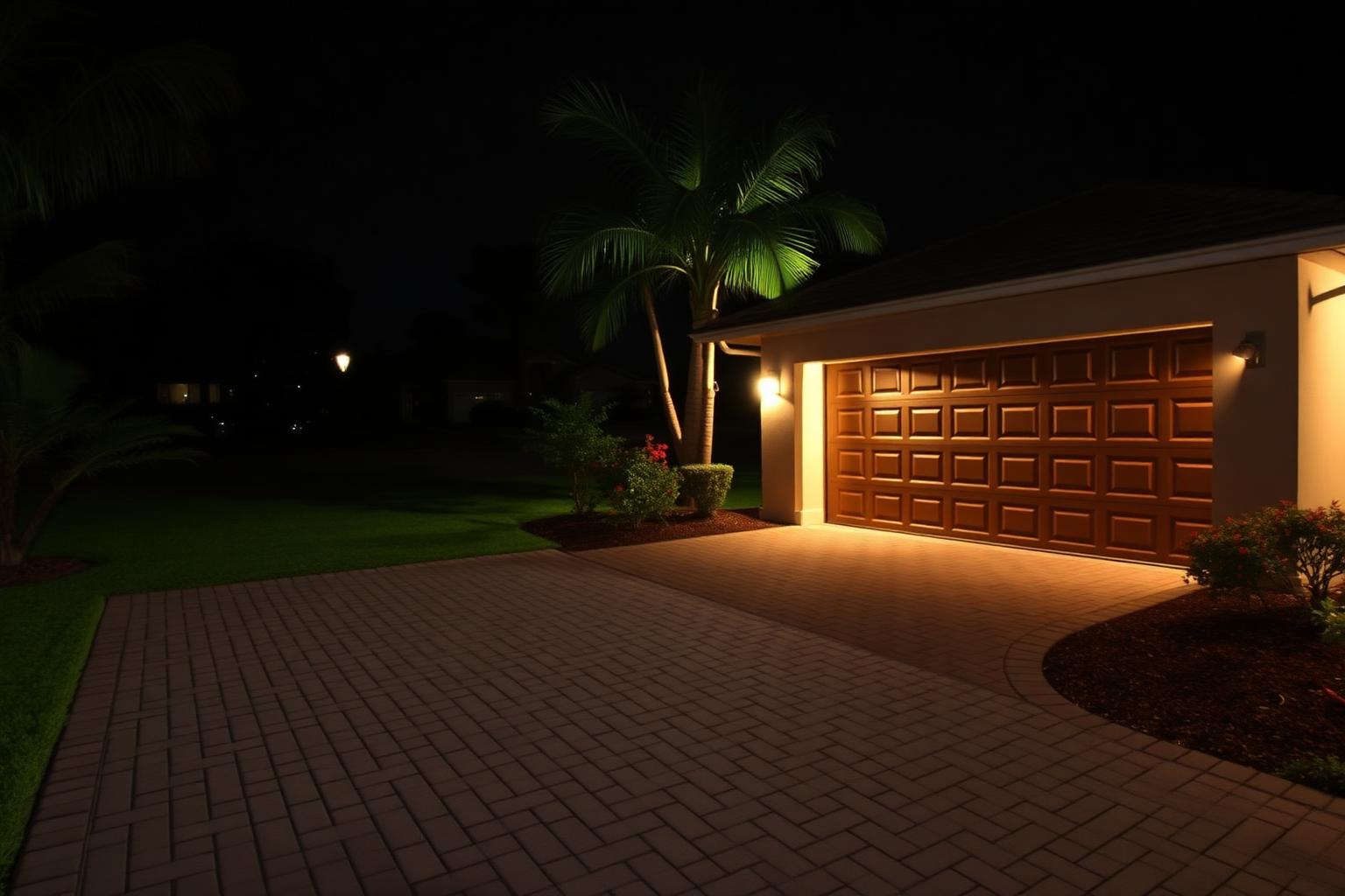 A Winter Garden driveway and garage entrance lit by porch light after dark