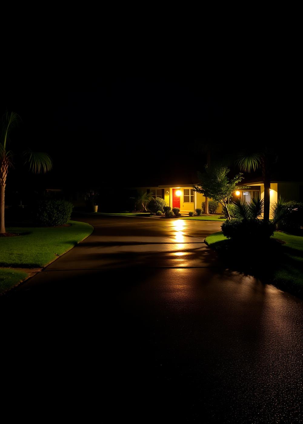 Quiet Tampa residential driveway lit at night with the garage light on