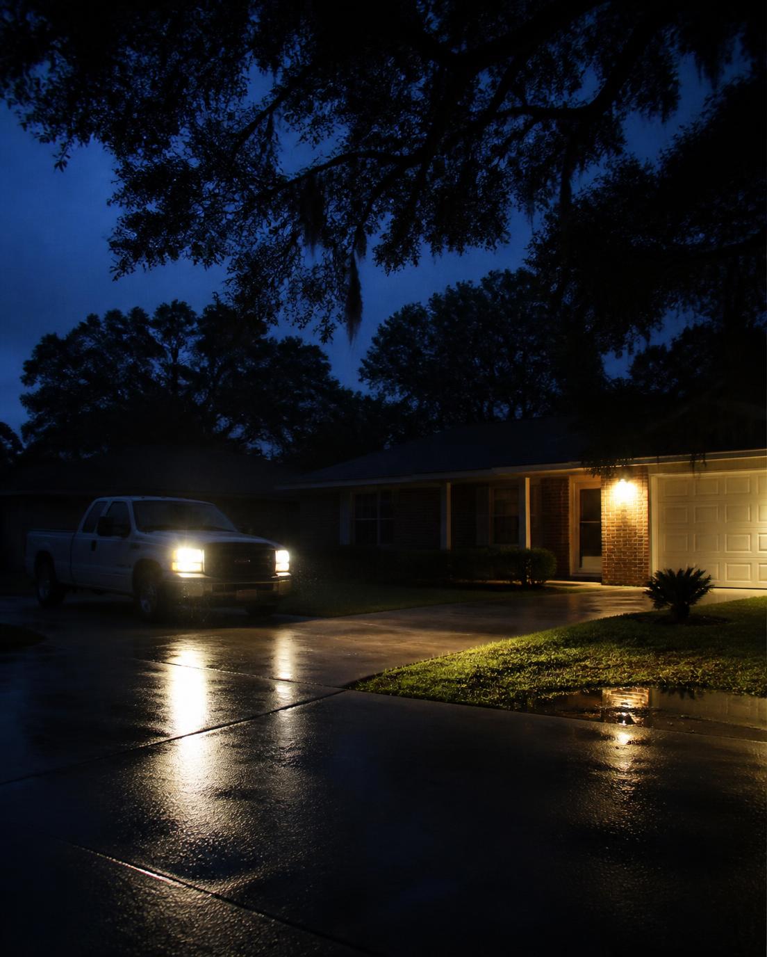 Work truck headlights on a rain-wet Tallahassee driveway at night, the after-hours emergency call answered