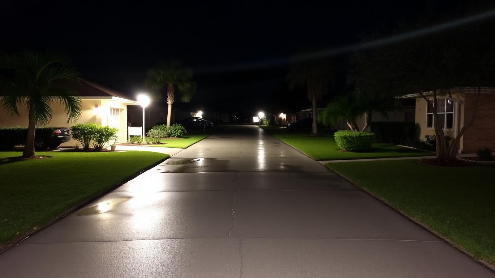 Quiet Jacksonville suburban driveway at night with wet pavement reflecting a porch light