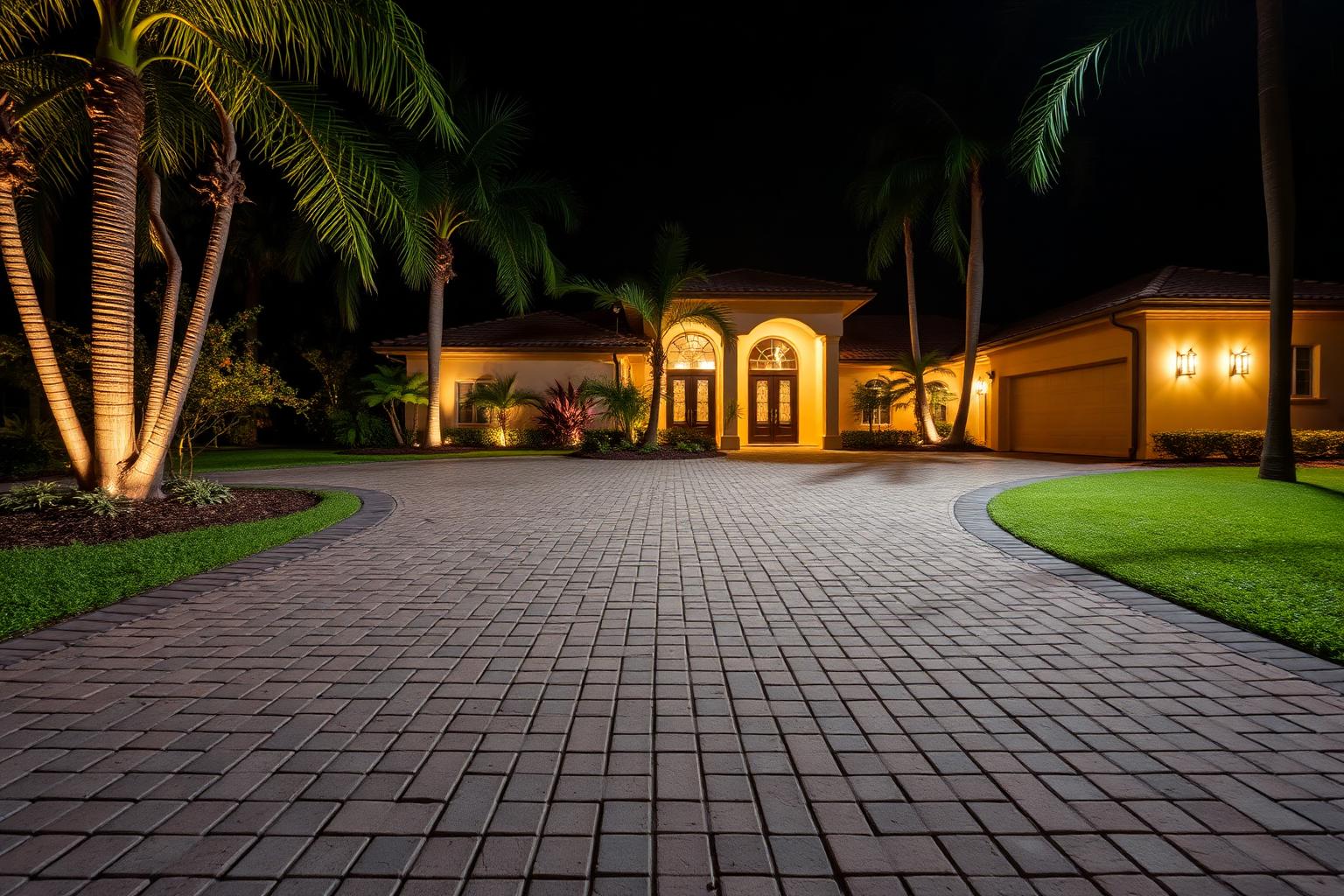 Empty paver driveway at night in front of a warmly lit Miami home framed by palms
