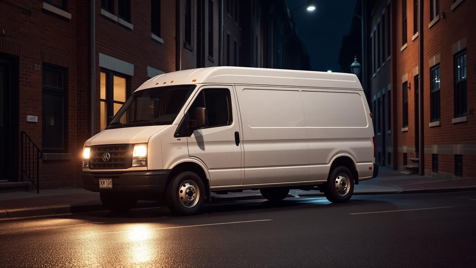 Contractor's service van responding to a night call on a Reading rowhome street