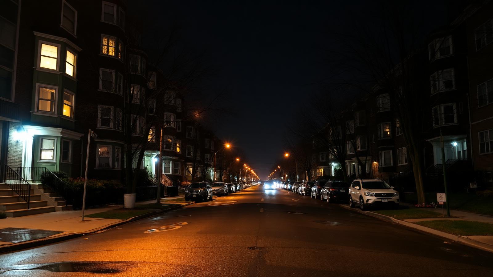 Illuminated storefronts and traffic along a dense New York City street at night, where after-hours emergency searches spike