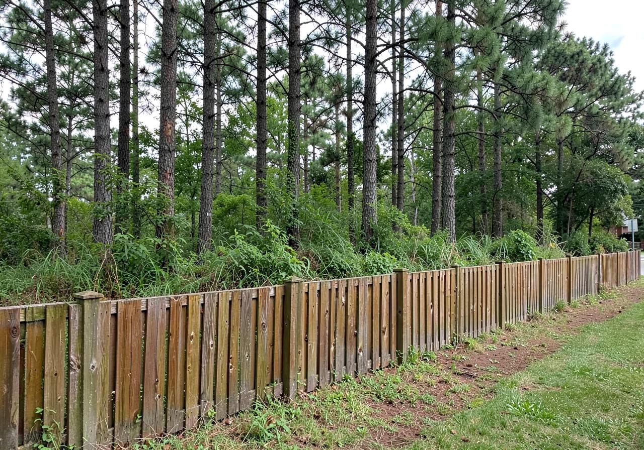 New wooden privacy fence running along a backyard line with tall pines and summer undergrowth behind it