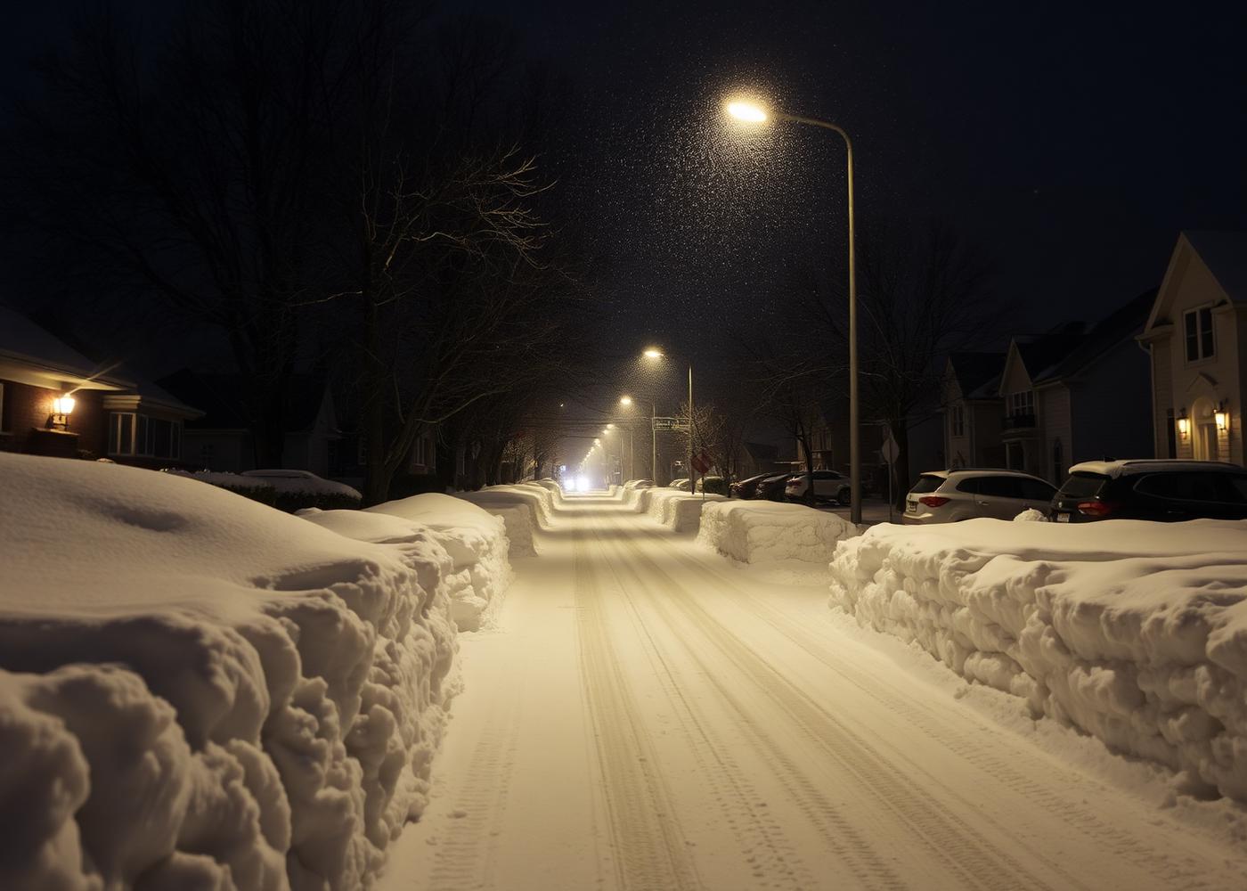 Snowplow clearing a driveway at night during a lake-effect squall in Cicero, NY near Syracuse
