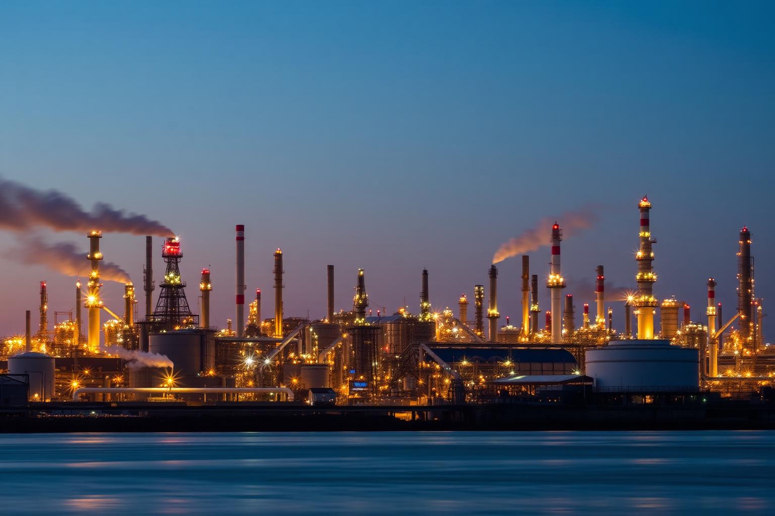 Corpus Christi Inner Harbor refinery towers lit at dusk near the Port of Corpus Christi