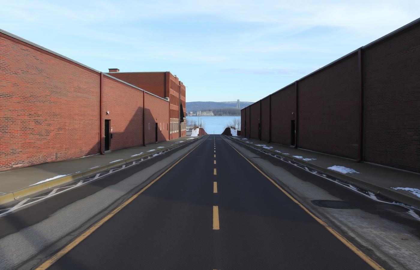 Riverfront street in Peoria following the bluff line down toward the Illinois River valley