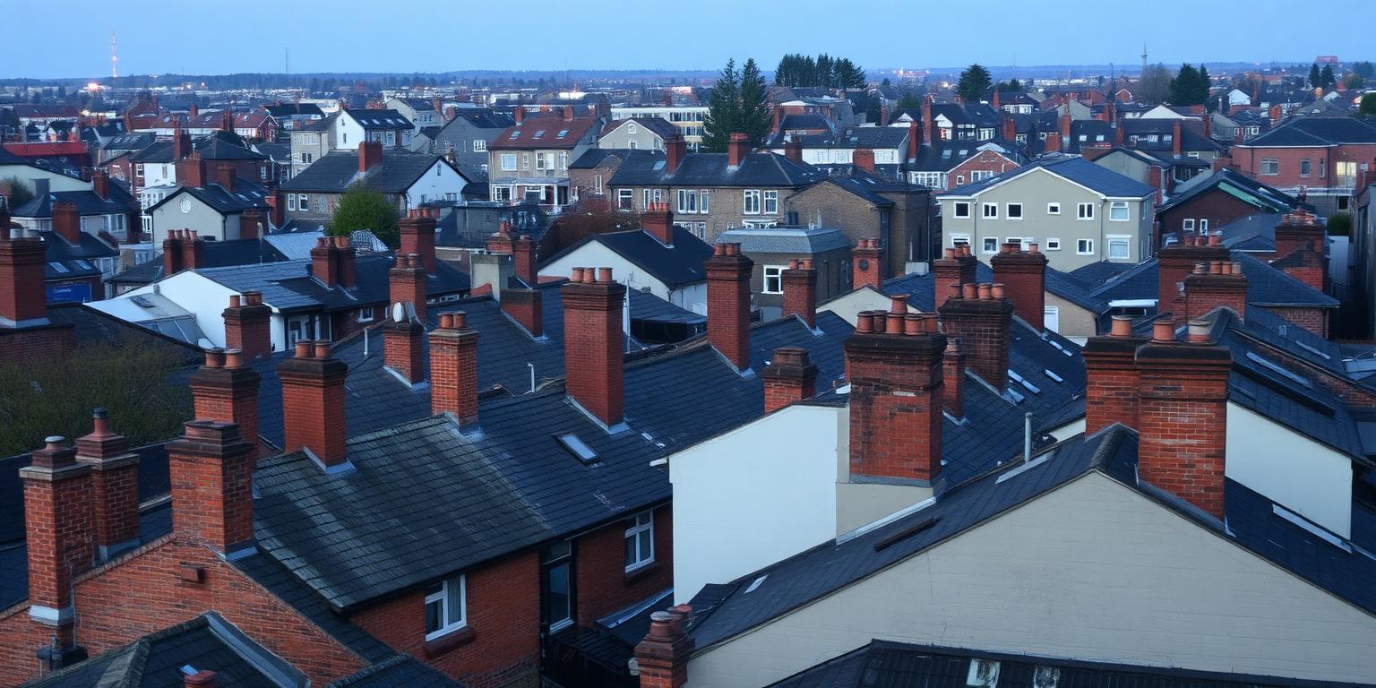 Philadelphia rowhouse rooftops at dusk