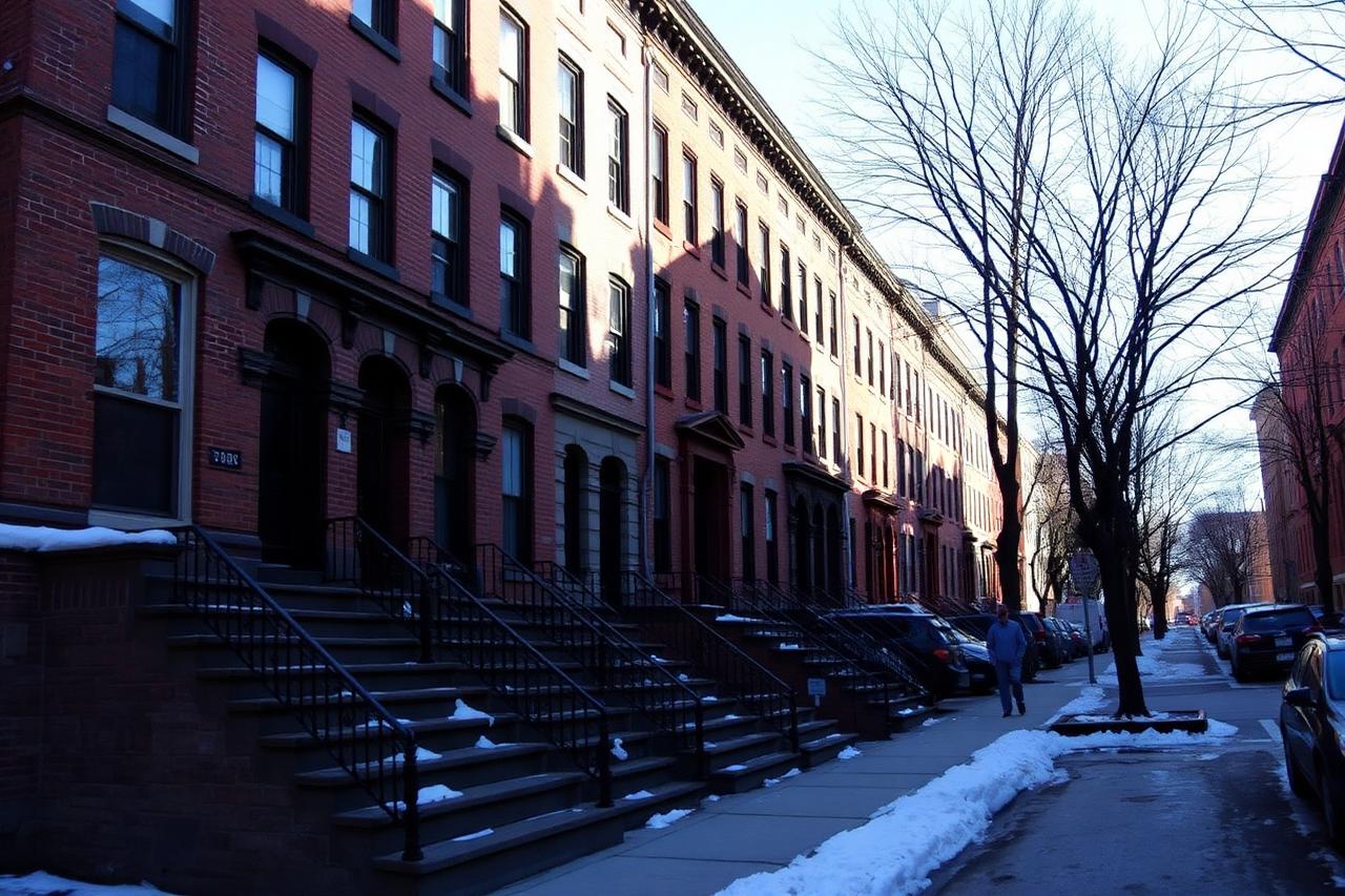 Row of pre-war rowhouses on a snow-dusted Albany street in Center Square