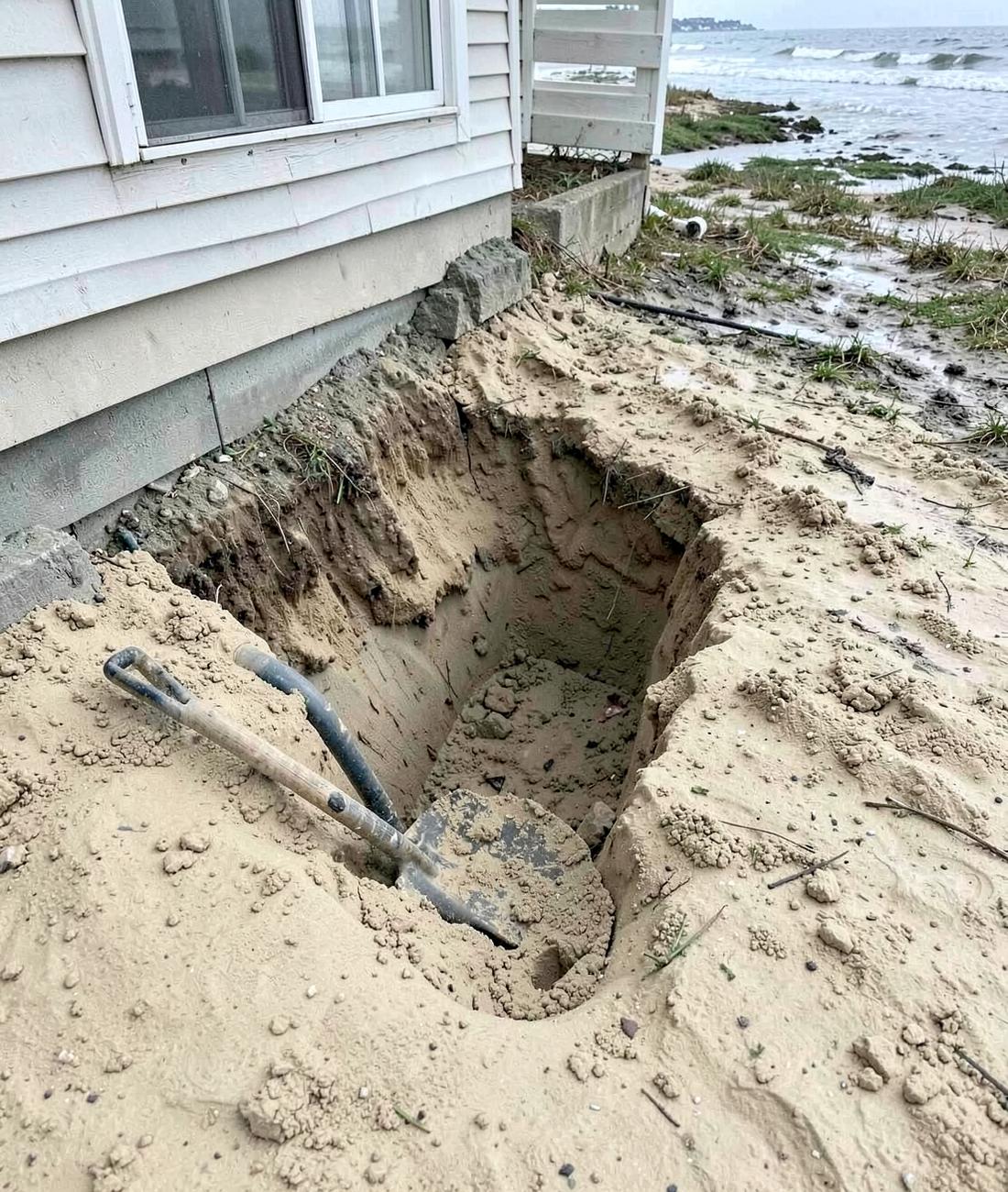 Open excavation in pale sandy soil exposing a plumbing pipe run beside a residential lawn
