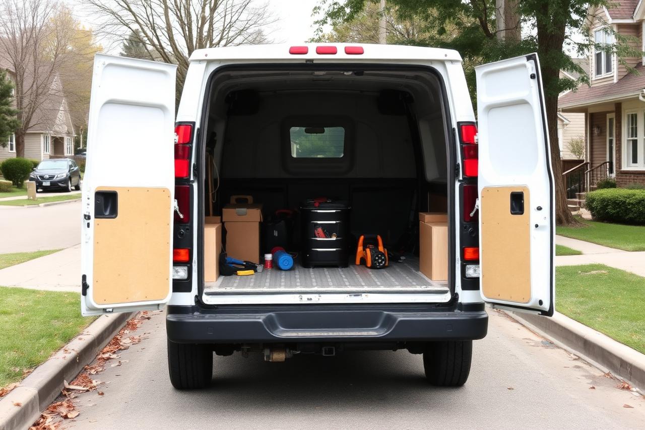 Service truck parked outside a multi-unit rental property near a university town