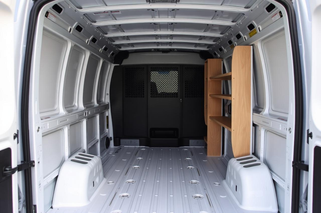 Empty cargo interior of a plain contractor van with simple wood shelving