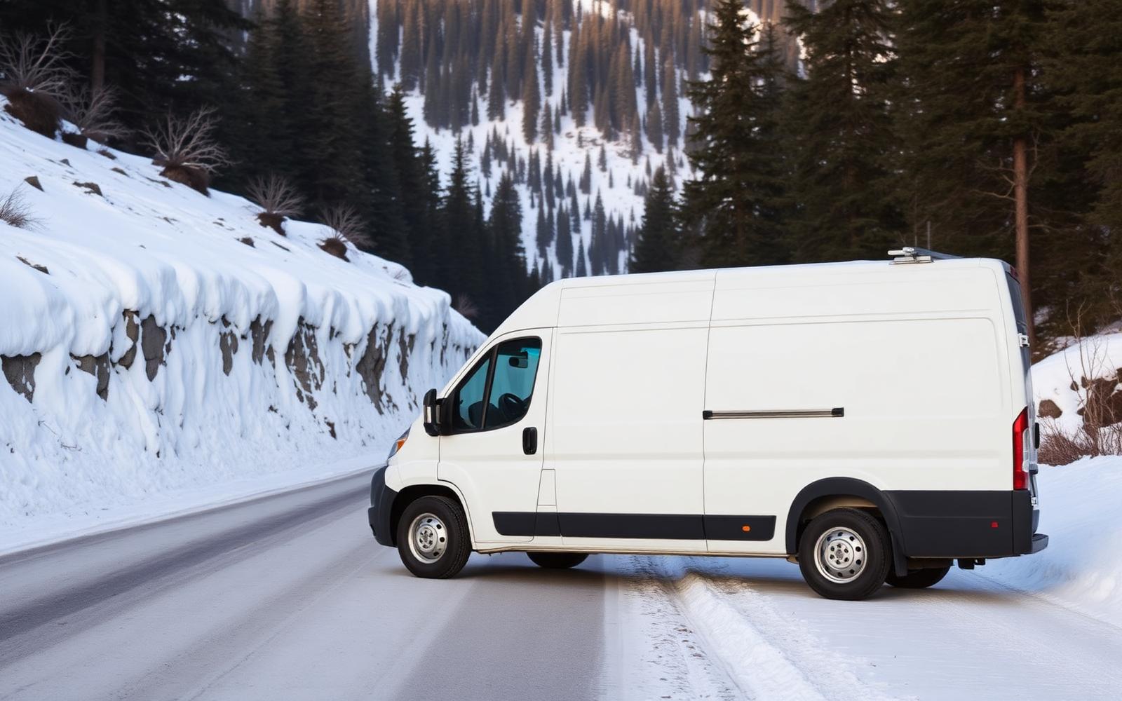 Unmarked work van climbing a snow-packed mountain road above Park City