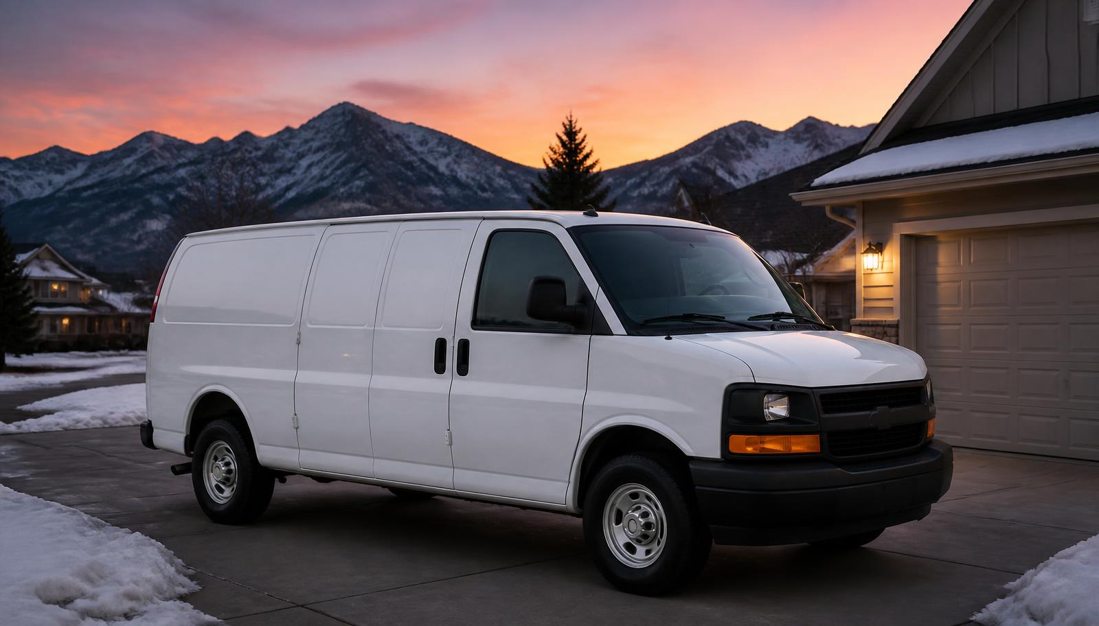 Contractor's service van parked on a snowy Salt Lake City street during a winter cold snap