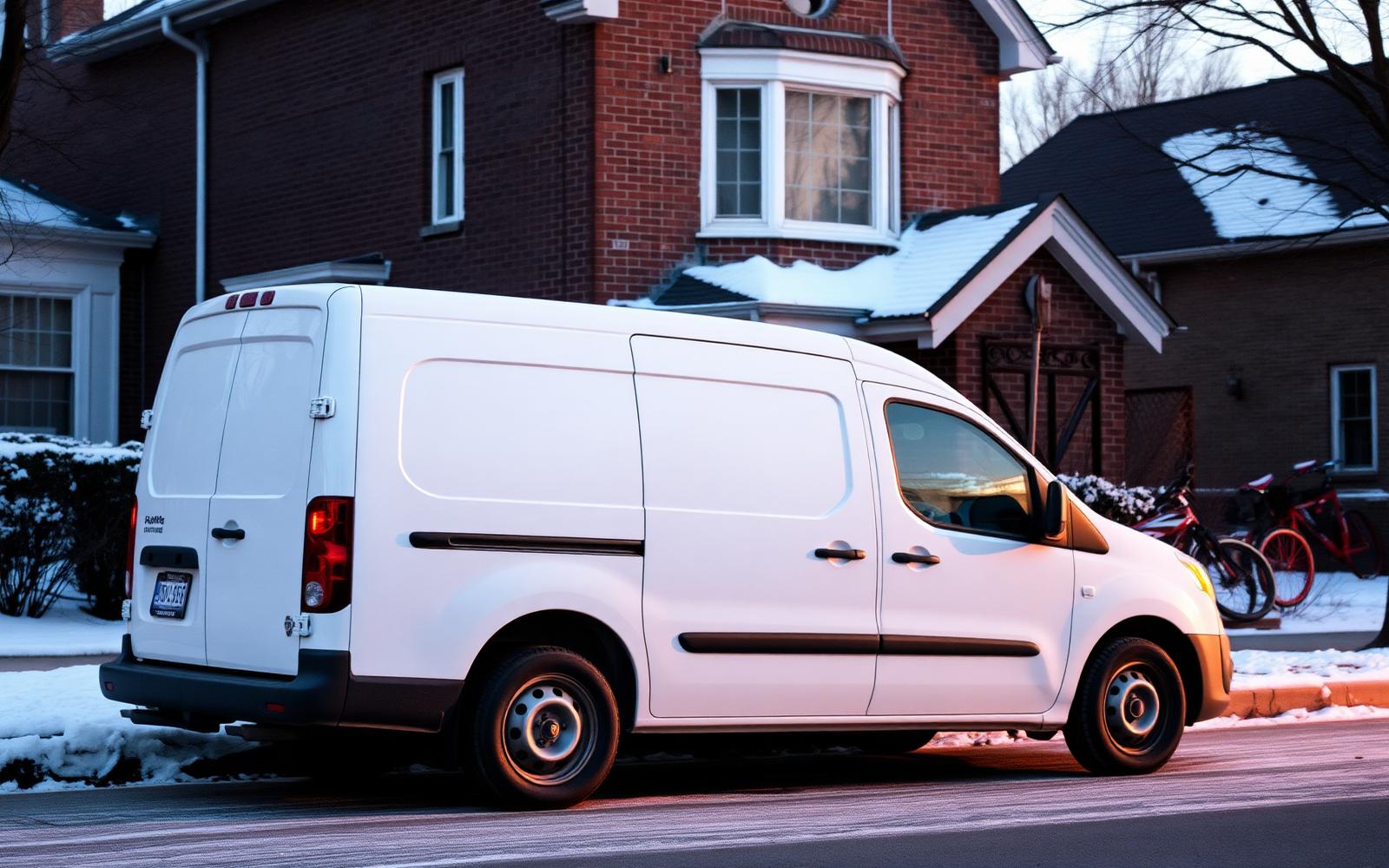 Contractor's service van parked on a snowy Ogden street during a winter evening service call