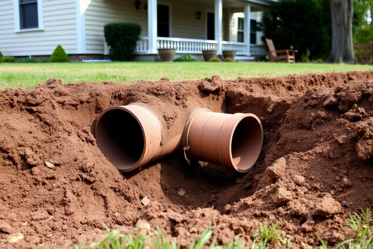 Open sewer lateral trench with exposed clay pipe in a Fruitvale front yard ahead of an escrow deadline