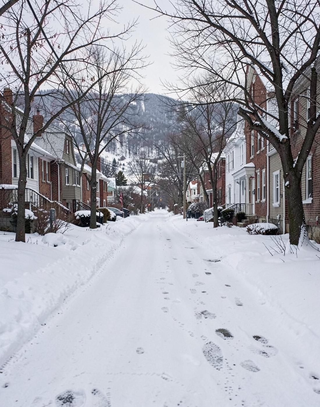 Quiet snow-covered residential street lined with bare trees and modest older homes on a grey winter morning