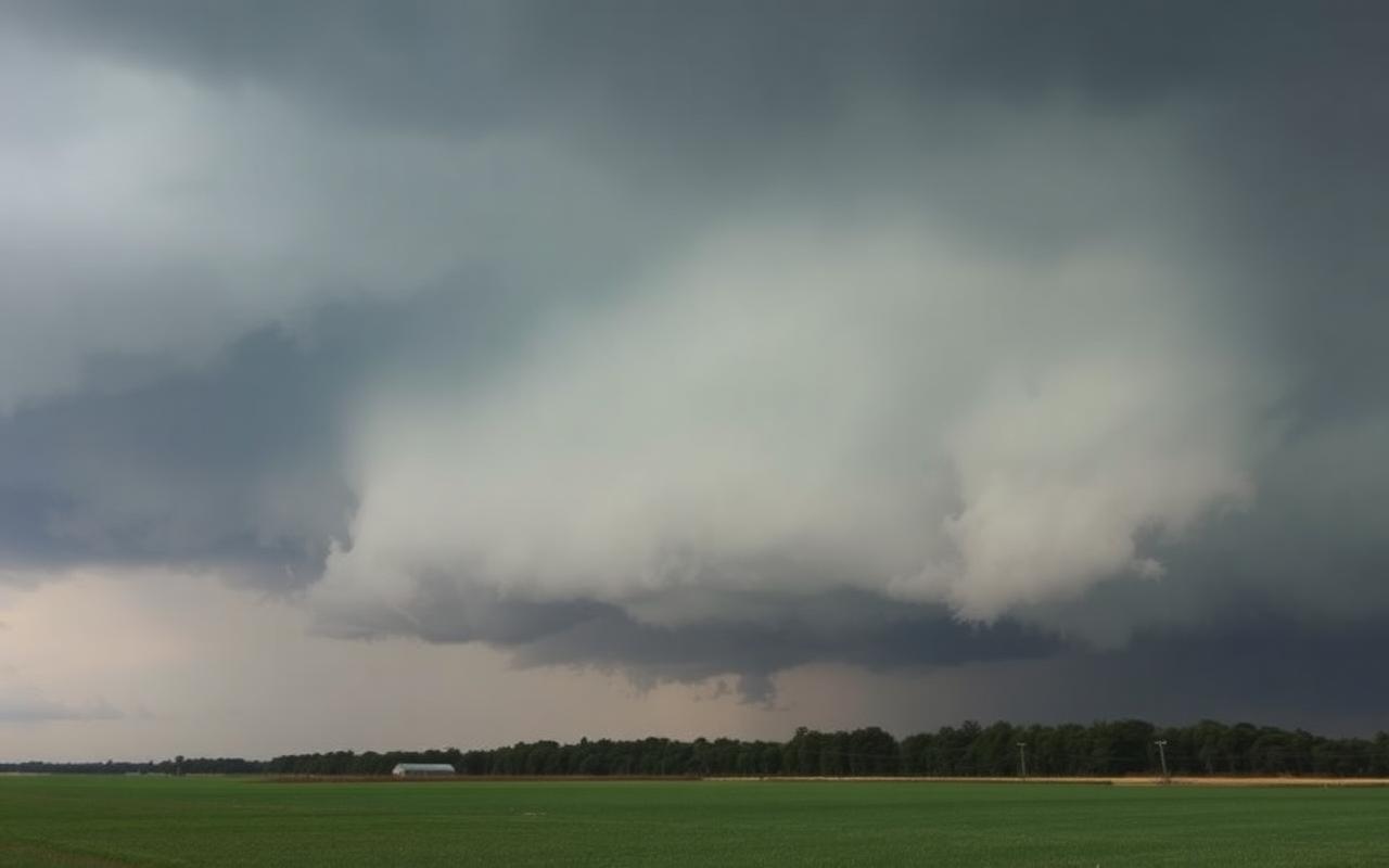 Dark green-tinged storm shelf cloud advancing over flat farmland and a distant tree line