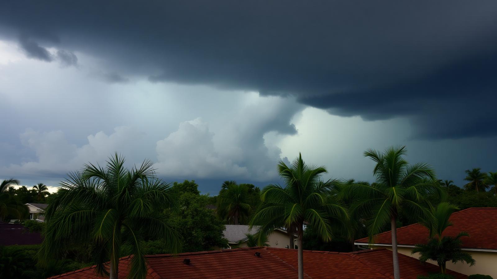 Dark summer thunderstorm clouds building over Florida rooftops and palm trees on a humid afternoon