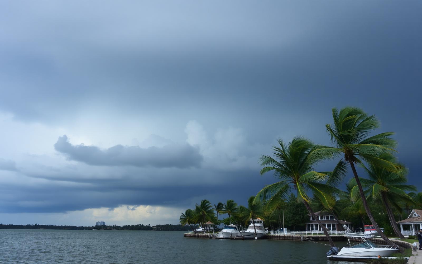 Dark shelf cloud building over Tampa Bay near St. Petersburg with sailboats moored below