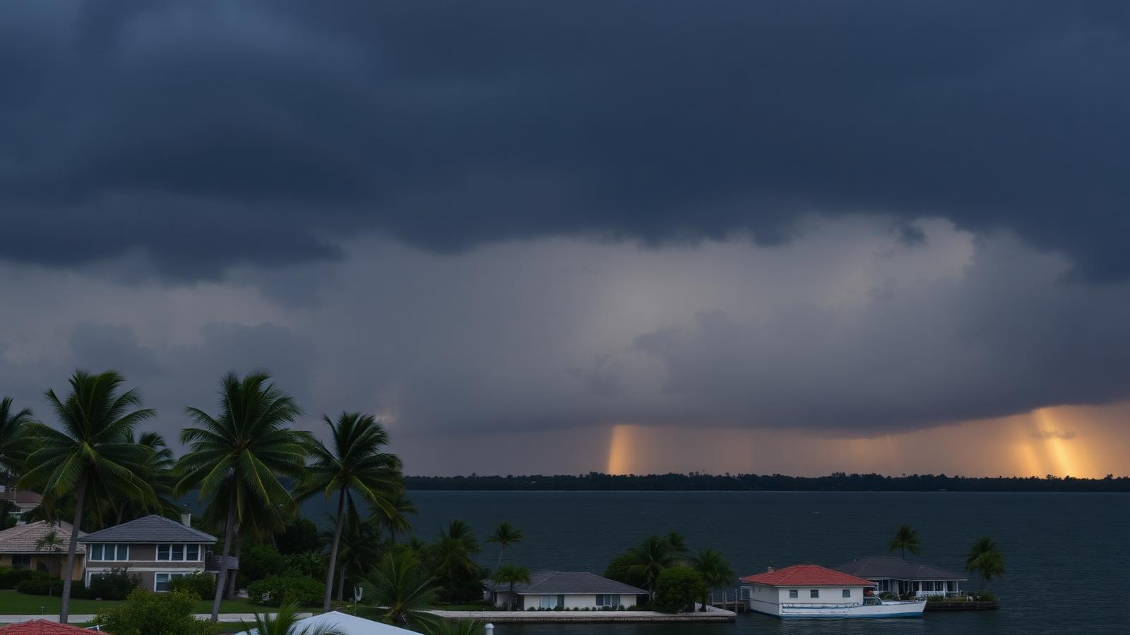 Dark thunderstorm clouds and rain building over the Fort Lauderdale coastline with palms and waterfront homes