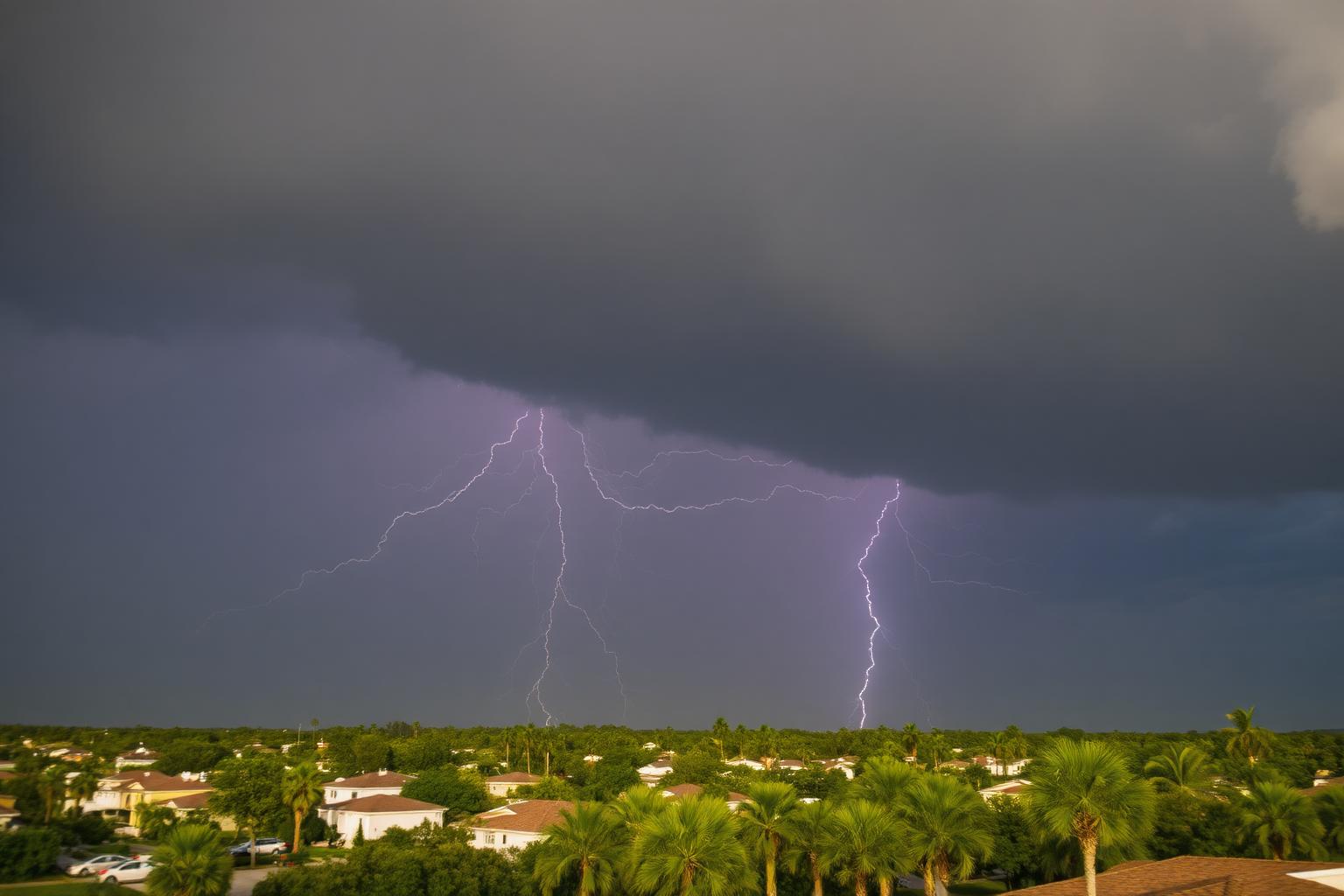 Shelf cloud and lightning building over a flat Osceola County subdivision at dusk
