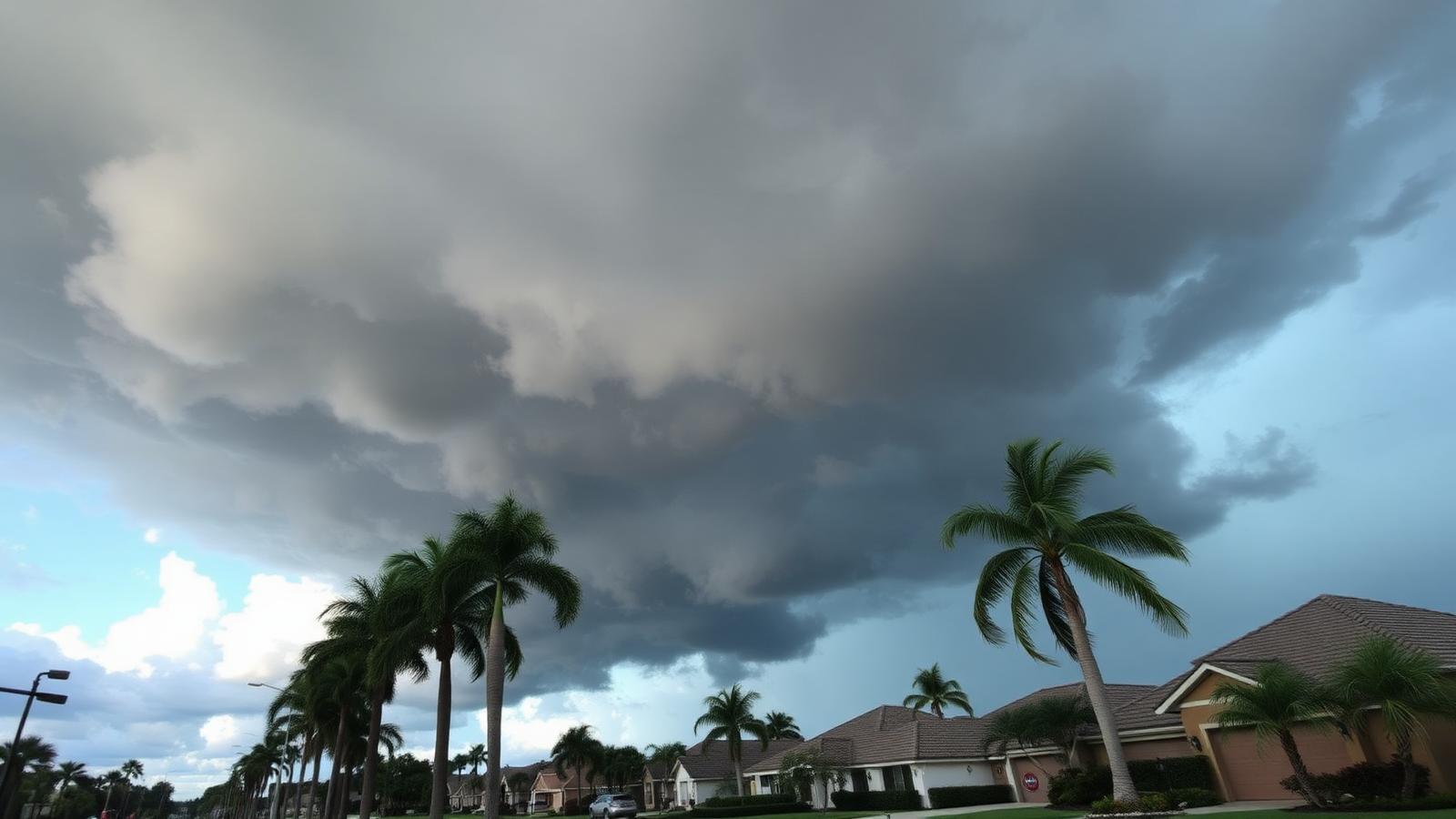 Bruised thunderheads stacking up over flat rooftops on Tampa's east side ahead of an afternoon downpour