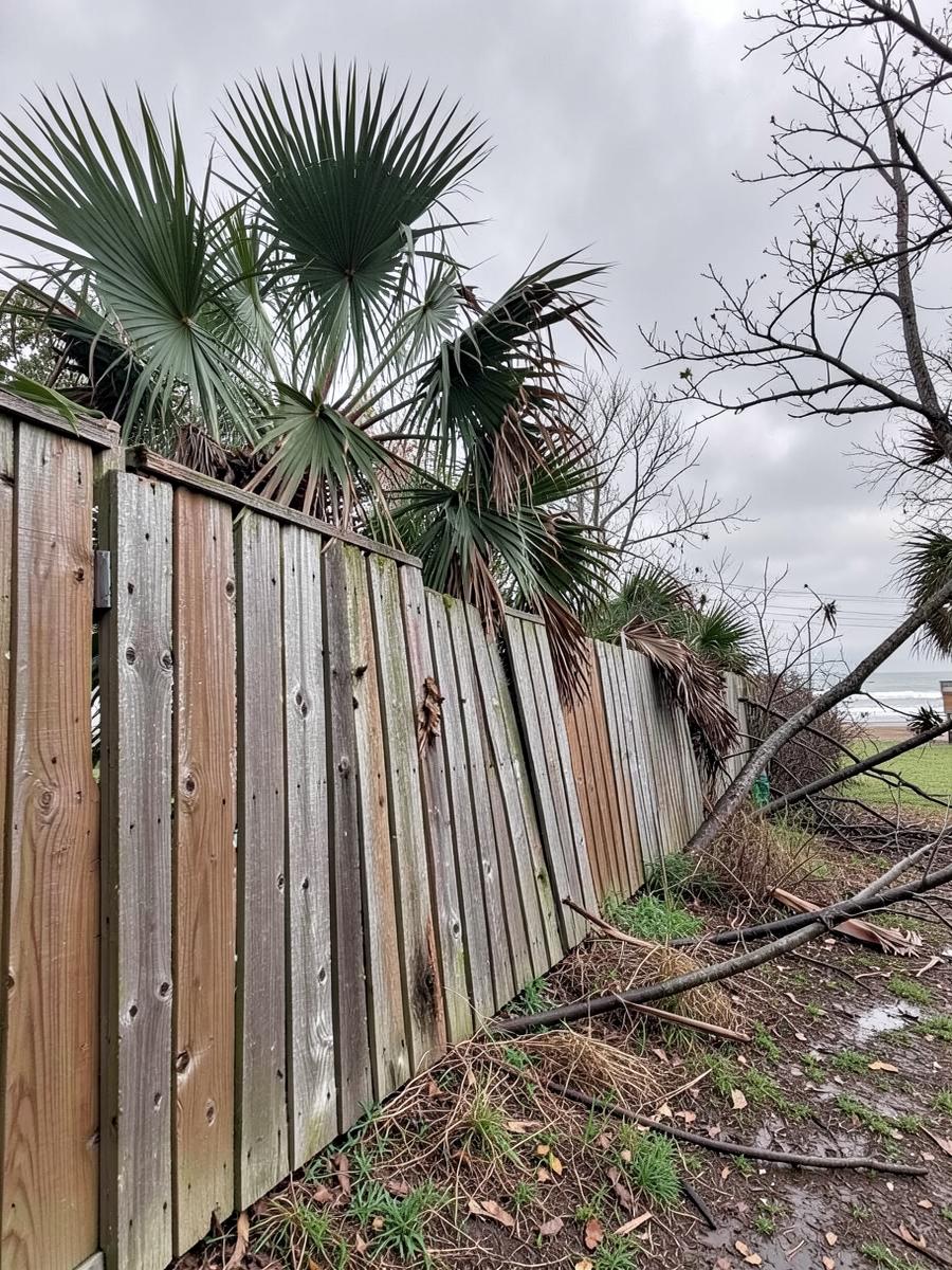 Leaning storm-damaged wooden privacy fence beside a coastal backyard with wind-bent palmetto fronds and fallen branches