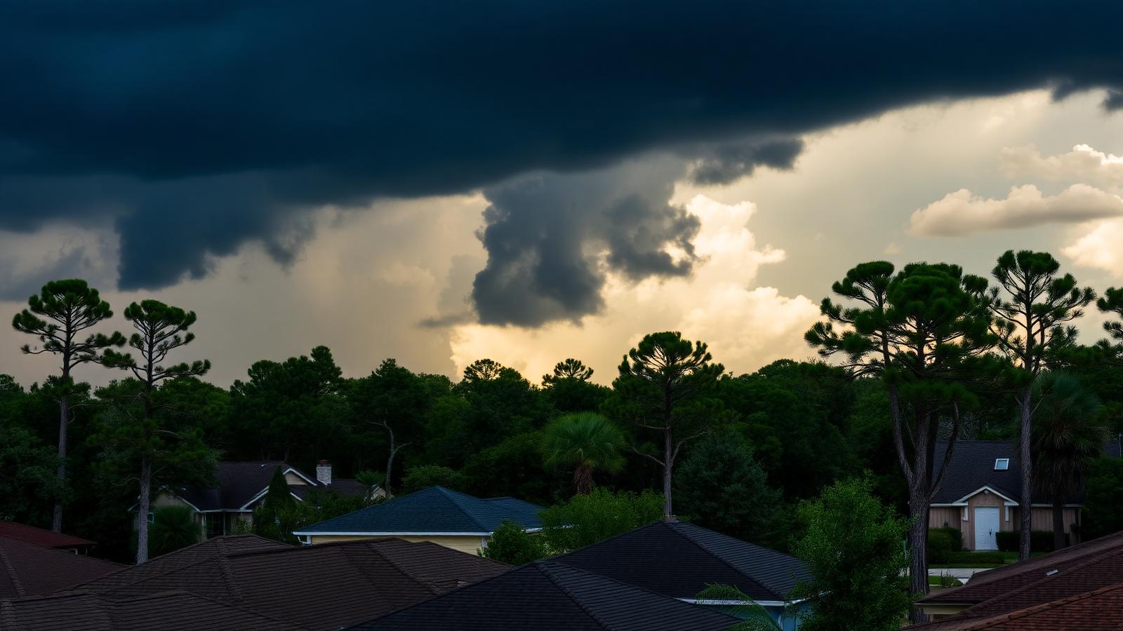 Summer thunderstorm building over Tallahassee rooftops and pines, the weather pattern that drives emergency service calls