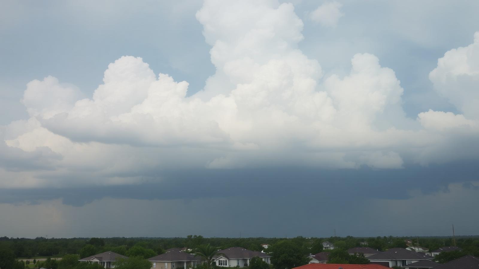 Towering humid thunderstorm clouds building over flat Houston, Texas suburban rooftops