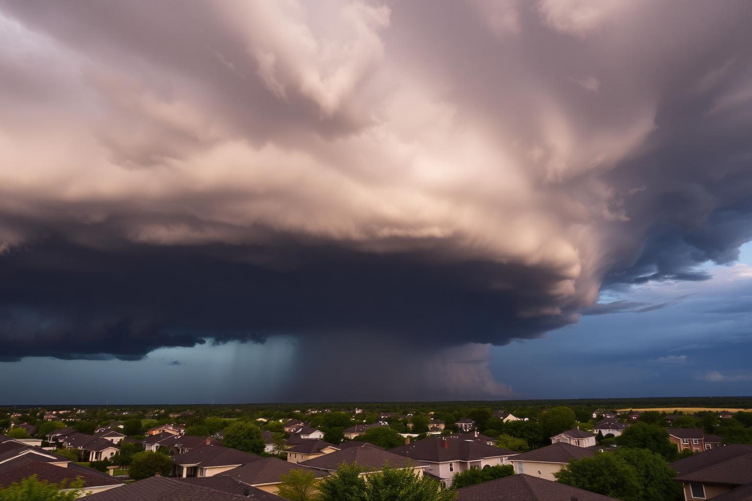 Dark supercell storm clouds building over a flat North Dallas suburban rooftop line ahead of a hail track