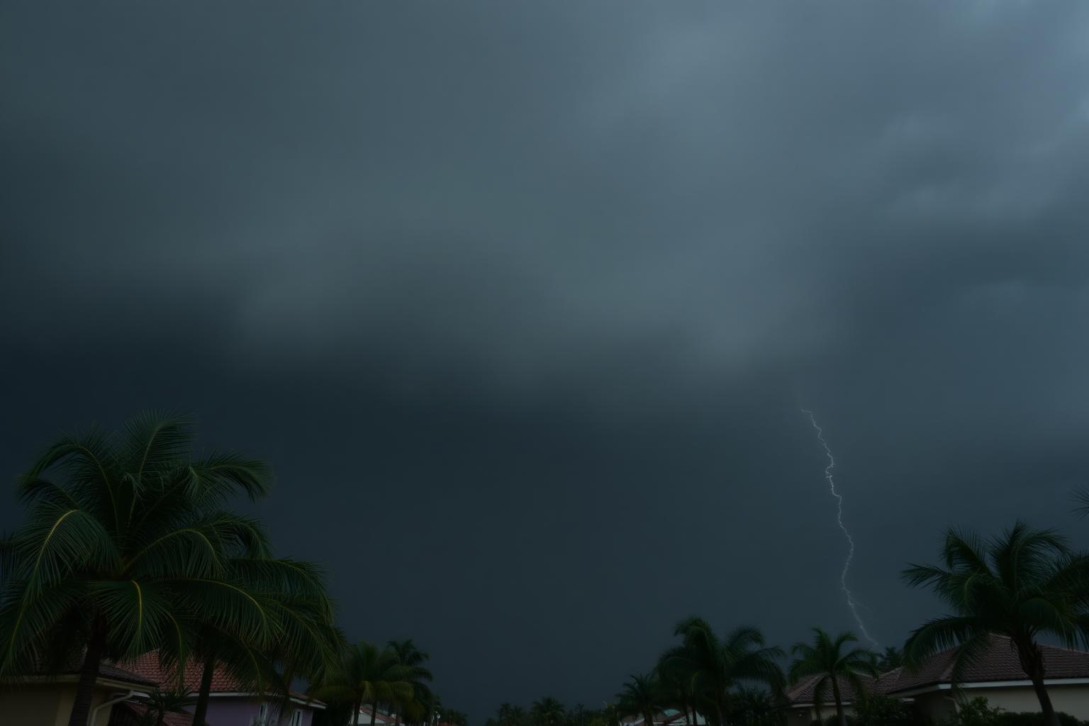 Dark storm squall building over a South Florida residential neighborhood with palms bending in the wind