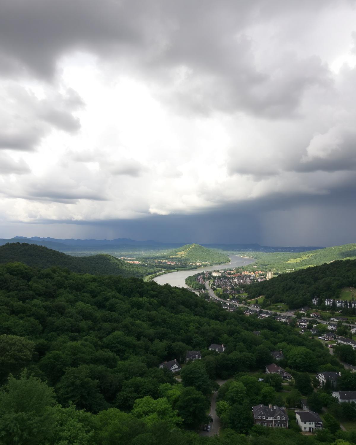Dark storm clouds over a green river valley with rooftops among trees and standing water in low ground