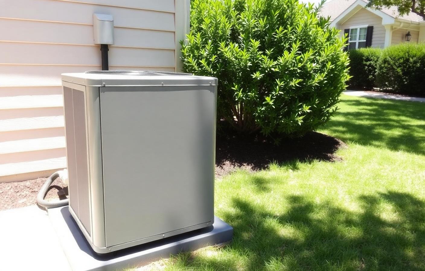 Outdoor air conditioning condenser unit running beside a home during a humid Naperville summer