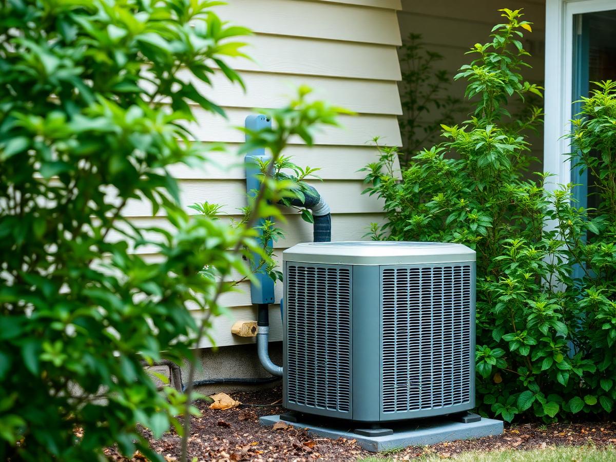 Outdoor central air conditioning condenser unit beside a house on a bright summer afternoon with green lawn