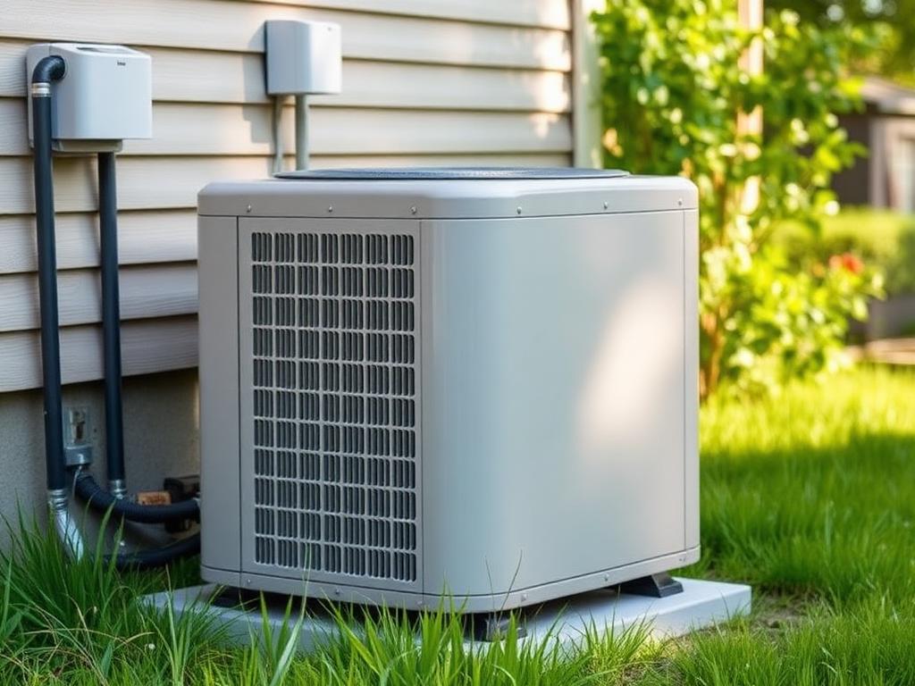 Outdoor air conditioning condenser unit running beside a home during a humid Rockford summer