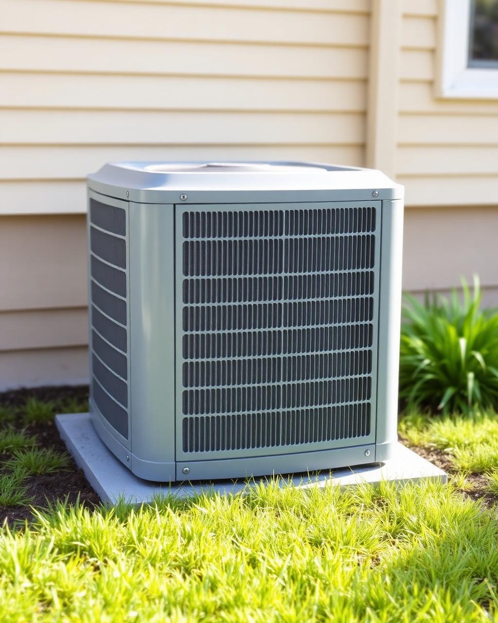 Outdoor air conditioning unit operating during a humid Joliet summer near the Des Plaines River