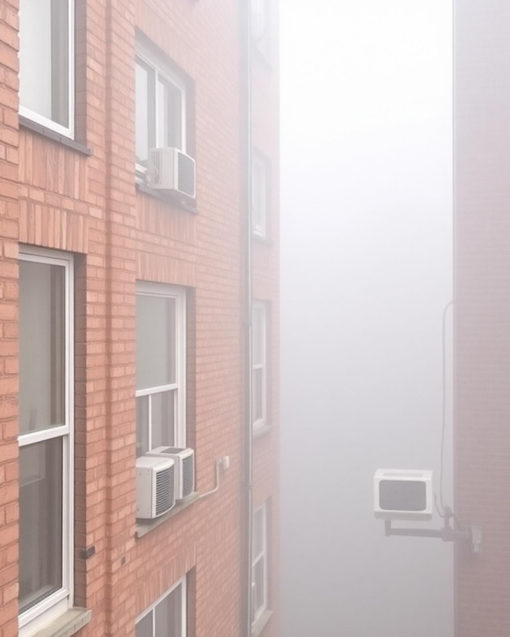 Rooftop and window-mounted air conditioning units on a dense Chicago apartment building in summer