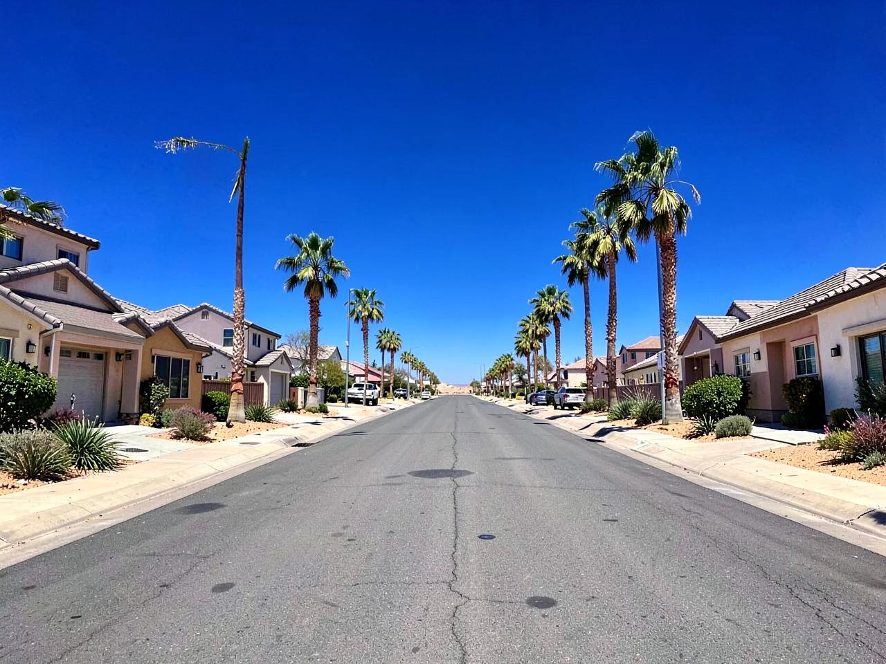 Wide desert suburban street of newer homes and palms shimmering under intense summer sun