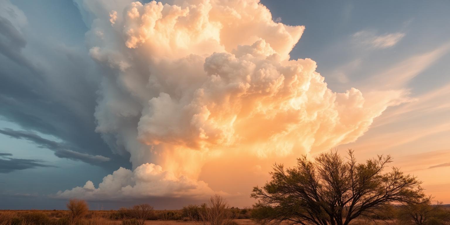 Towering summer thunderstorm building over dry South Texas brush country near San Antonio at golden hour
