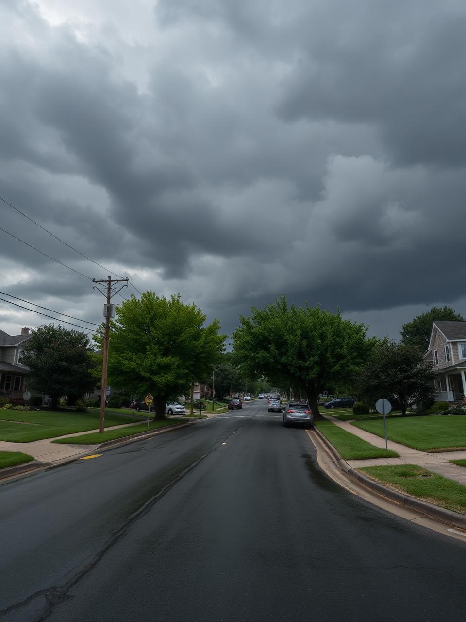 Dark summer thunderstorm sky over a hilly residential street with rain-slick asphalt and wind-tossed trees