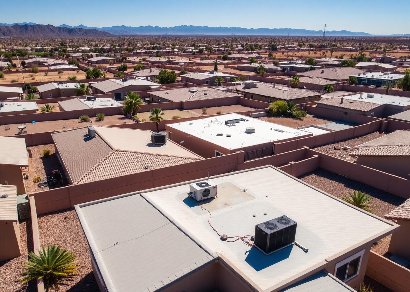 Evaporative swamp cooler unit mounted on a flat El Paso rooftop beside a refrigerated air condenser